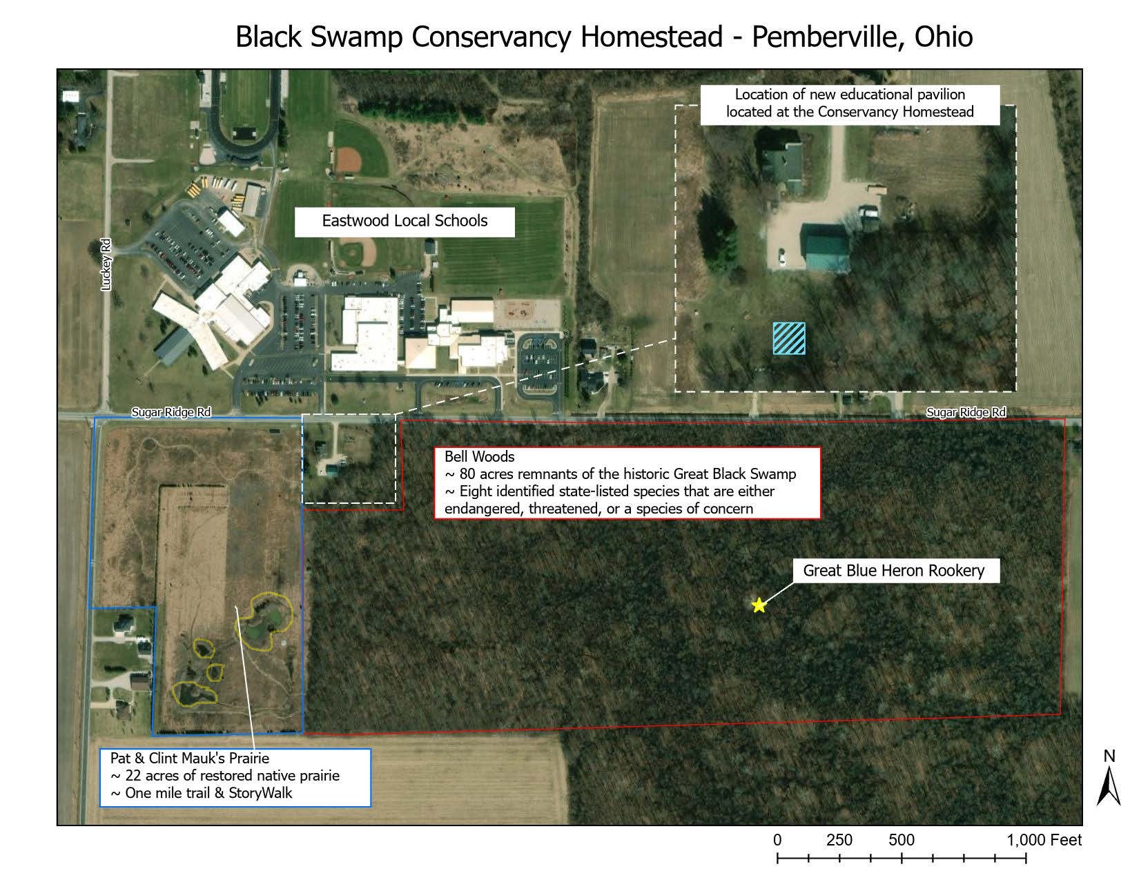 A map of the homestead area showing the pavilion, prairie and woods